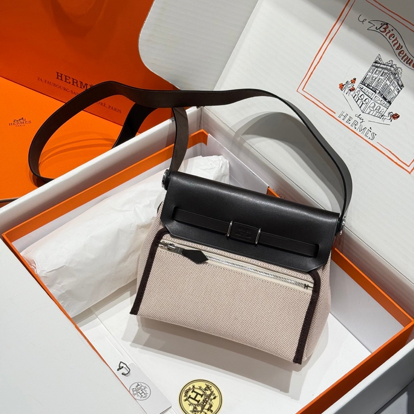 HM Mini Herbag Silver Buckle 20 Lona beige y piel de vacuno Hunter 243241