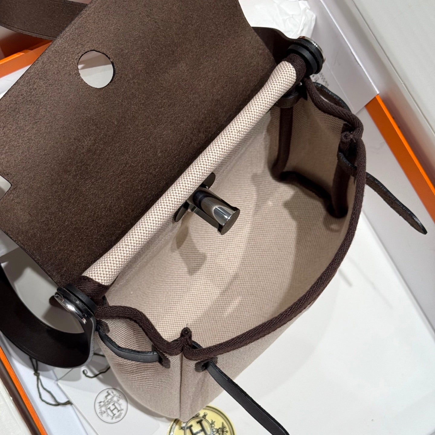 HM Mini Herbag Silver Buckle 20 Lona beige y piel de vacuno Hunter 243241