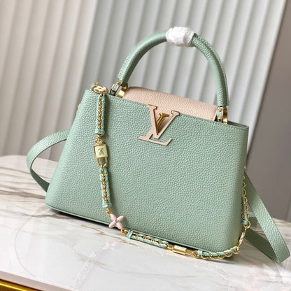 Capucines mm 31,5 verde beige piel de becerro herrajes dorados