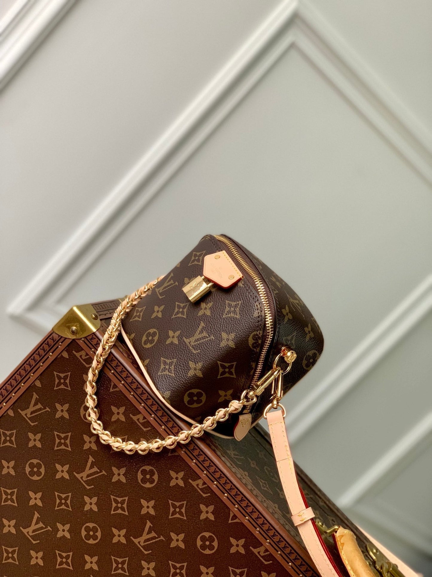 juste au cas où 13 cm toile monogramme noire cuir de veau beige