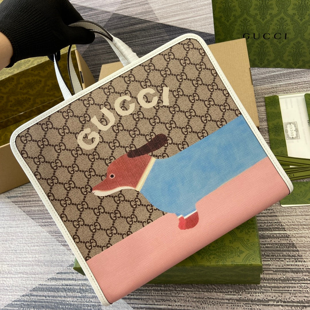 BOLSO TOTE INFANTIL 28 CON ESTAMPADO DE CACHORRO EN LONA BEIGE Y RIBETE DE PIEL DE BECERRO BLANCA