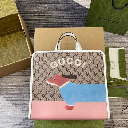 BOLSO TOTE INFANTIL 28 CON ESTAMPADO DE CACHORRO EN LONA BEIGE Y RIBETE DE PIEL DE BECERRO BLANCA