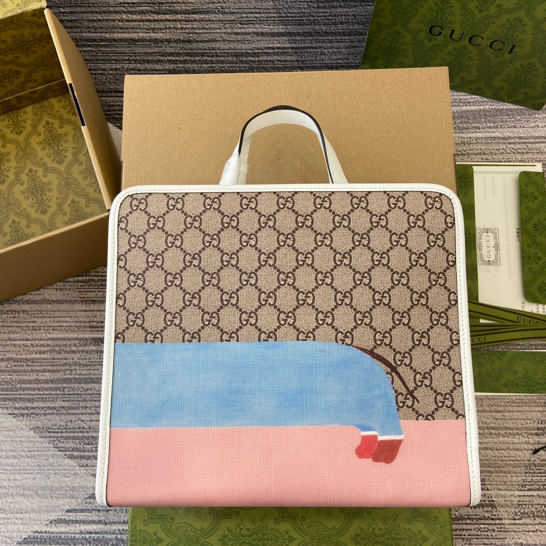 BOLSO TOTE INFANTIL 28 CON ESTAMPADO DE CACHORRO EN LONA BEIGE Y RIBETE DE PIEL DE BECERRO BLANCA
