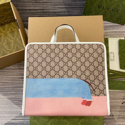 BOLSO TOTE INFANTIL 28 CON ESTAMPADO DE CACHORRO EN LONA BEIGE Y RIBETE DE PIEL DE BECERRO BLANCA