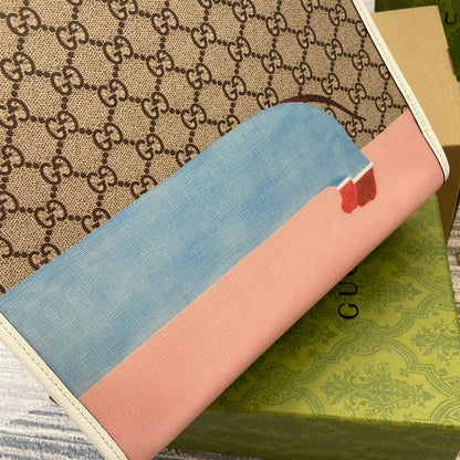 BOLSO TOTE INFANTIL 28 CON ESTAMPADO DE CACHORRO EN LONA BEIGE Y RIBETE DE PIEL DE BECERRO BLANCA