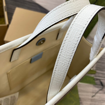 BOLSO TOTE INFANTIL 28 CON ESTAMPADO DE CACHORRO EN LONA BEIGE Y RIBETE DE PIEL DE BECERRO BLANCA