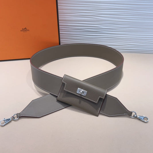Correa de hombro Kelly Pocket de 50 mm con herrajes plateados y diseño gris Epsom 