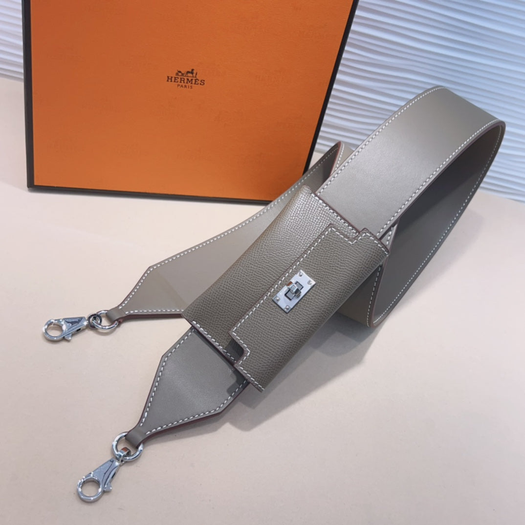 Correa de hombro Kelly Pocket de 50 mm con herrajes plateados y diseño gris Epsom 