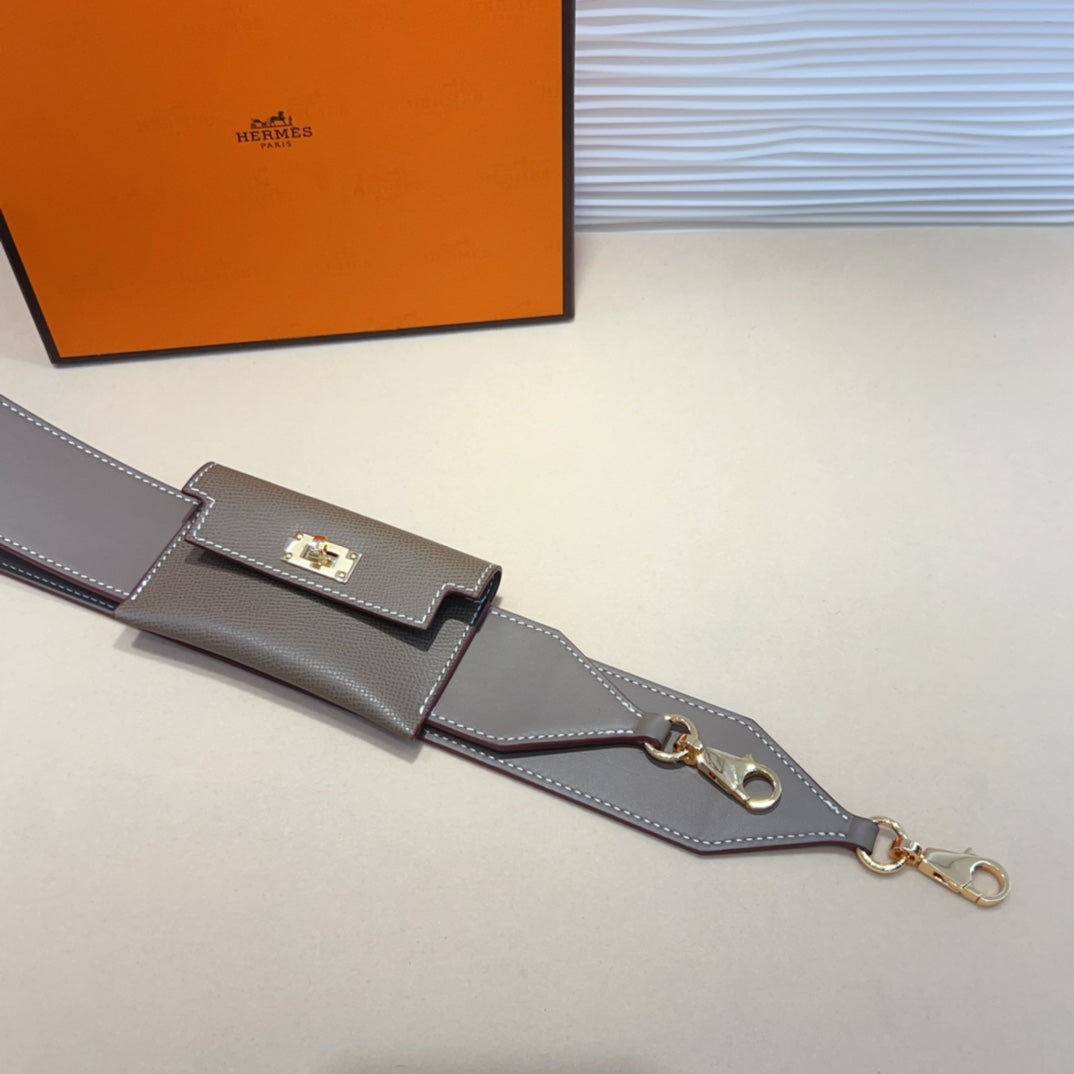 Correa de hombro Kelly Pocket de 50 mm con herrajes dorados y diseño gris Epsom 