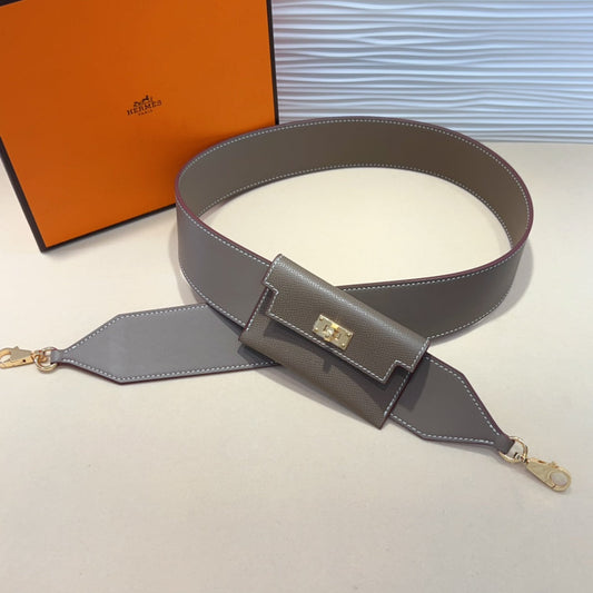 Correa de hombro Kelly Pocket de 50 mm con herrajes dorados y diseño gris Epsom 