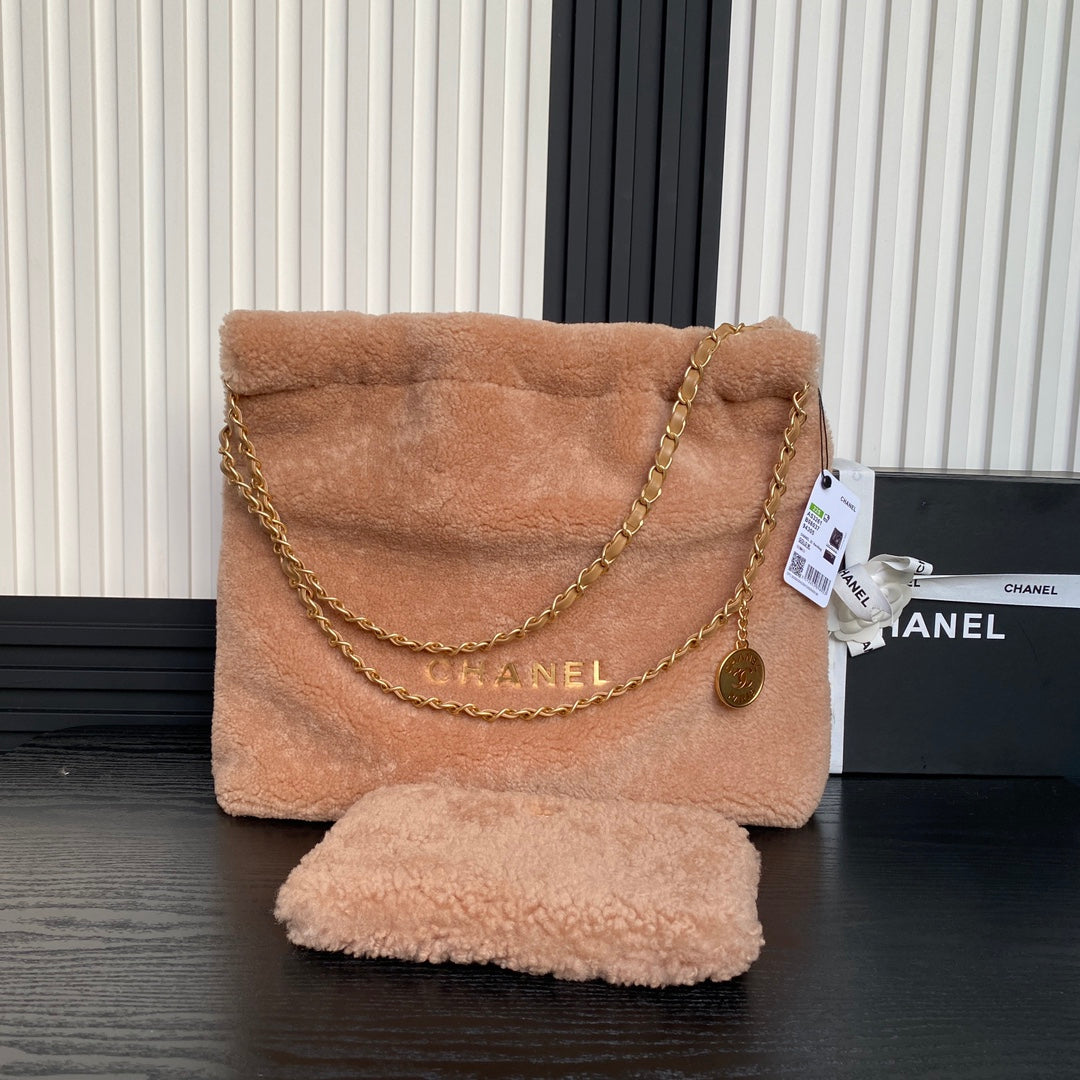 Bolso Hobo 22 CC 24K de 39 cm, de lana y piel marrón 