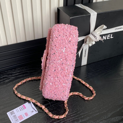 Bolso con solapa CC 24K de 20 cm con lentejuelas rosas 