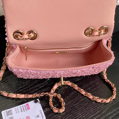 Bolso con solapa CC 24K de 20 cm con lentejuelas rosas 