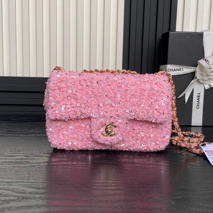 Bolso con solapa CC 24K de 20 cm con lentejuelas rosas 