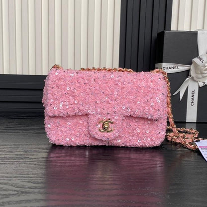 Bolso con solapa CC 24K de 20 cm con lentejuelas rosas 