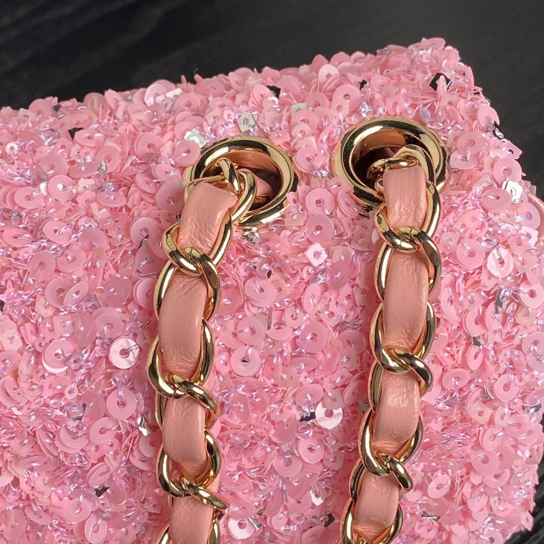 Bolso con solapa CC 24K de 20 cm con lentejuelas rosas 