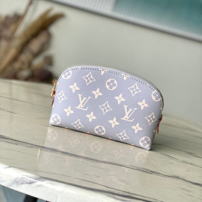 POCHETTE COSMÉTICO PM 19 EN LONA TRIANON CON MONOGRAMA GRIS CREMA