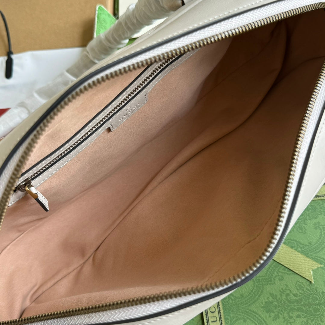Bolso mediano GG Marmont con asa superior, 35 cm, piel de becerro color crema, herrajes dorados