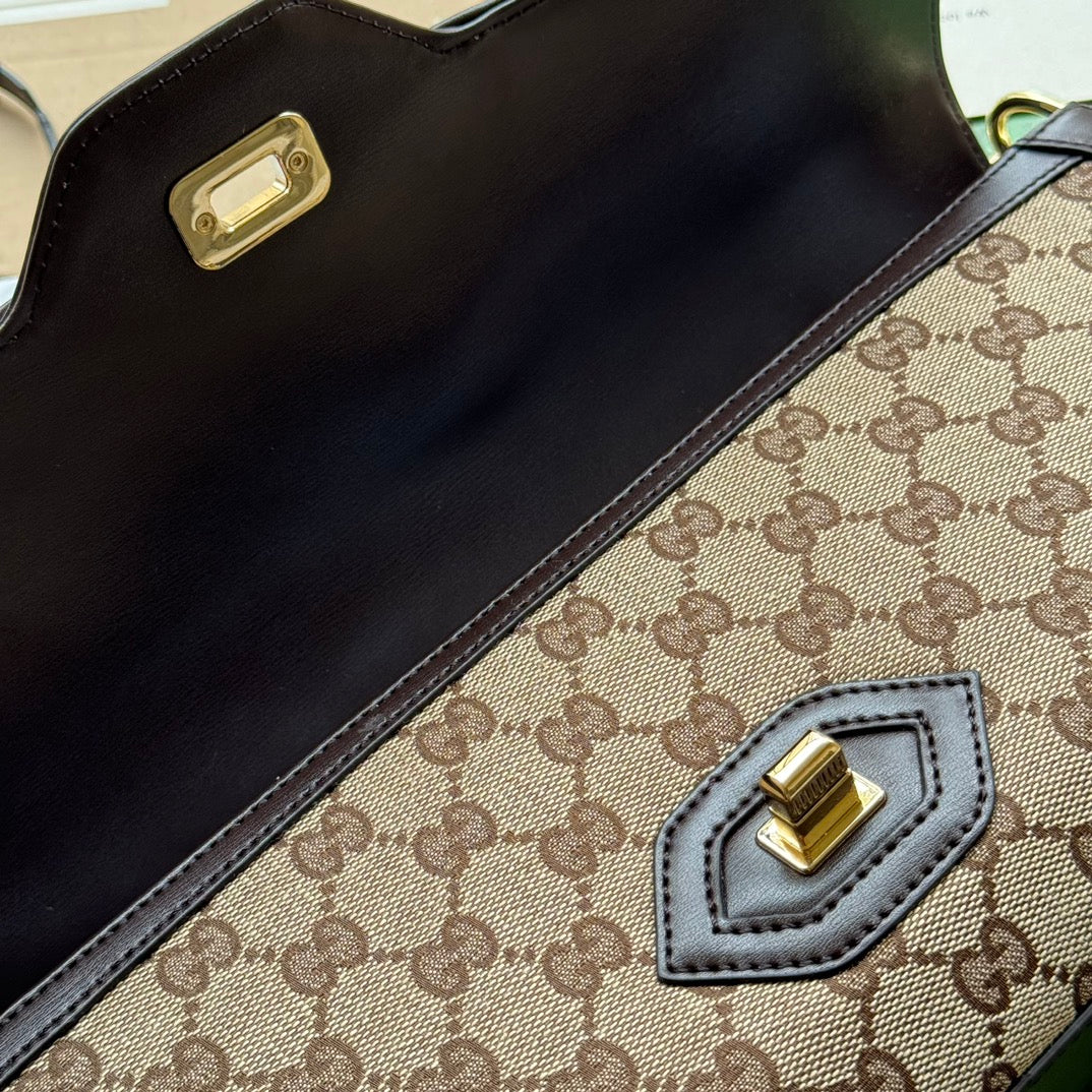 SAC À BANDOULIÈRE MOYEN LUCE 36 EN TOILE BEIGE ET GARNITURE EN CUIR DE VEAU MARRON FONCÉ, QUINCAILLERIE DORÉE