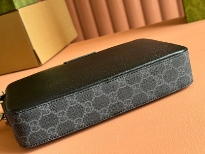 PETIT SAC BANDOULIÈRE 24 AVEC ÉTIQUETTE EN CUIR DE VEAU NOIR ET BORDURE EN TOILE