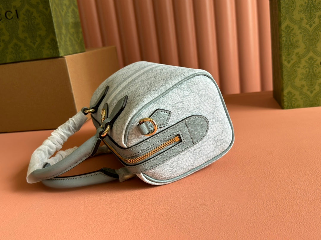 BOLSO OPHIDIA 21 CON ASA SUPERIOR EN LONA CON MONOGRAMA GRIS VERDE Y ADORNOS DE PIEL DE BECERRO CON HERRAJES DORADOS