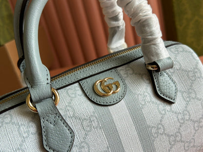 BOLSO OPHIDIA 21 CON ASA SUPERIOR EN LONA CON MONOGRAMA GRIS VERDE Y ADORNOS DE PIEL DE BECERRO CON HERRAJES DORADOS