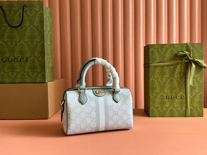 BOLSO OPHIDIA 21 CON ASA SUPERIOR EN LONA CON MONOGRAMA GRIS VERDE Y ADORNOS DE PIEL DE BECERRO CON HERRAJES DORADOS