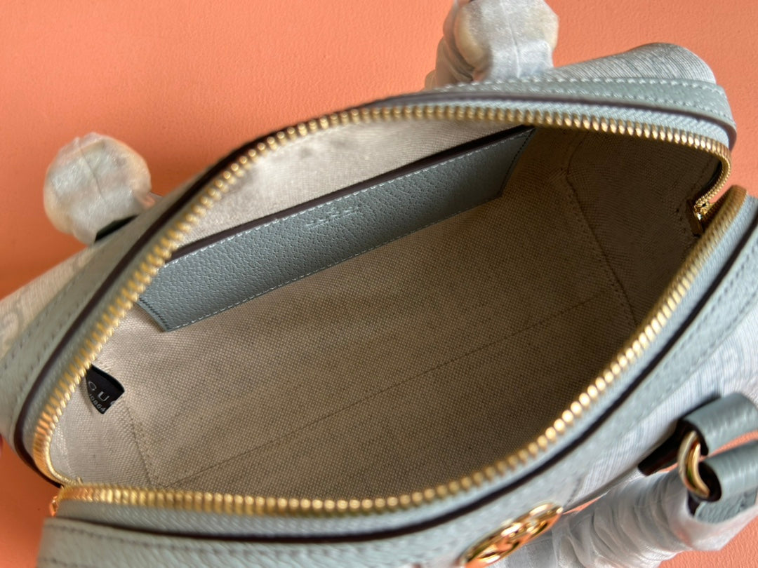 BOLSO OPHIDIA 21 CON ASA SUPERIOR EN LONA CON MONOGRAMA GRIS VERDE Y ADORNOS DE PIEL DE BECERRO CON HERRAJES DORADOS