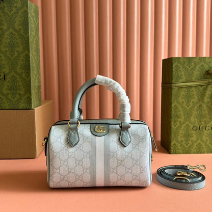 BOLSO OPHIDIA 21 CON ASA SUPERIOR EN LONA CON MONOGRAMA GRIS VERDE Y ADORNOS DE PIEL DE BECERRO CON HERRAJES DORADOS
