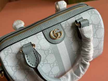 BOLSO OPHIDIA 21 CON ASA SUPERIOR EN LONA CON MONOGRAMA GRIS VERDE Y ADORNOS DE PIEL DE BECERRO CON HERRAJES DORADOS