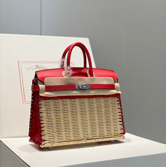 HM BIRKIN 25 CM PICNIC ROJO BAMBÚ Y RATÁN