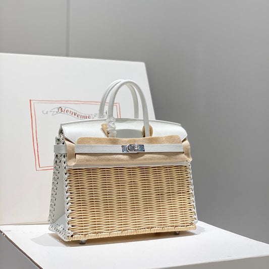 HM BIRKIN 25 CM PICNIC BLANCO BAMBÚ Y RATÁN