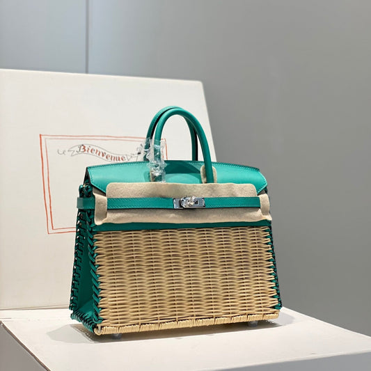 HM BIRKIN 25 CM PICNIC TURQUESA BAMBÚ Y RATÁN