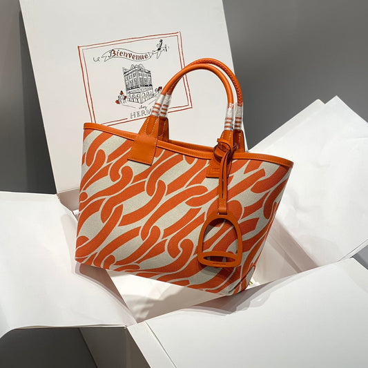 Bolso HM Steeple 28 de piel de becerro naranja y lona blanca naranja
