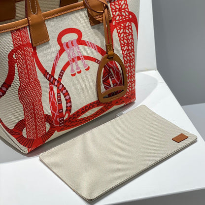 Bolso HM Steeple 28 de piel de becerro marrón, lona blanca y roja