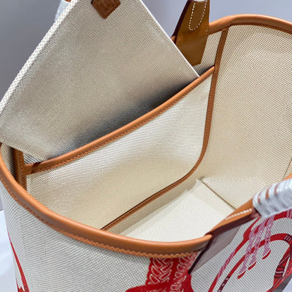 Bolso HM Steeple 28 de piel de becerro marrón, lona blanca y roja