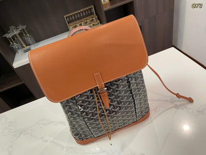 MOCHILA ALPIN 37 EN PIEL DE CORDERO MARRÓN Y LONA GOYARDINE