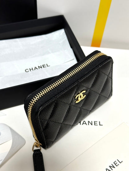 CC Classic Zipped Coin Purse Black Quilted Caviar Gold Buckle 243691