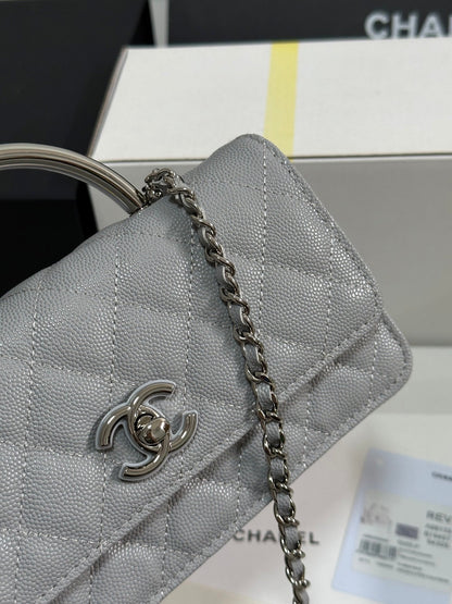 Portefeuille CC 25P avec poignée Woc 17 cm en cuir gris clair et accessoires argentés 243436