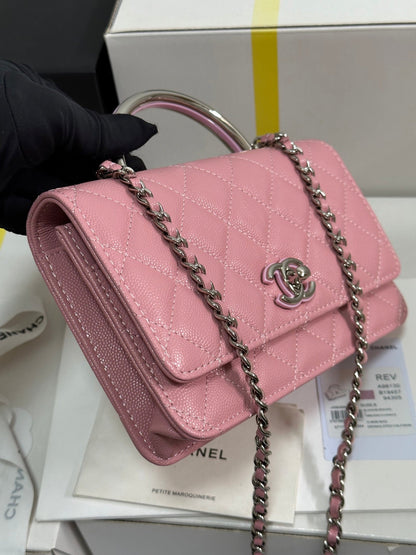 Cartera CC 25P con asa Woc de 19 cm, piel rosa pastel, herrajes plateados 243448