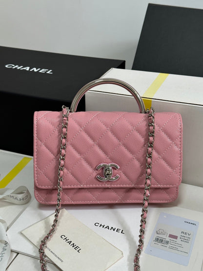 Cartera CC 25P con asa Woc de 19 cm, piel rosa pastel, herrajes plateados 243448