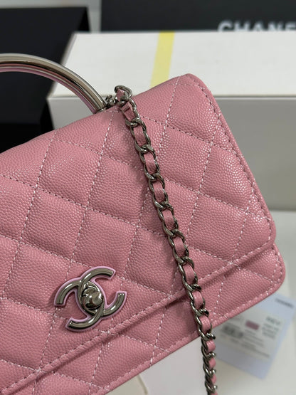 Cartera CC 25P con asa Woc de 19 cm, piel rosa pastel, herrajes plateados 243448