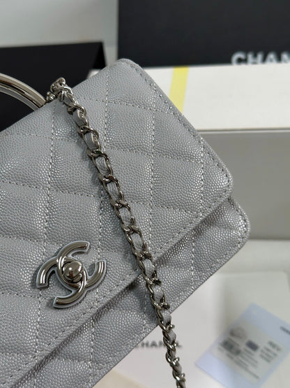 Cartera CC 25P con asa Woc de 19 cm, piel gris claro, herrajes plateados 243454