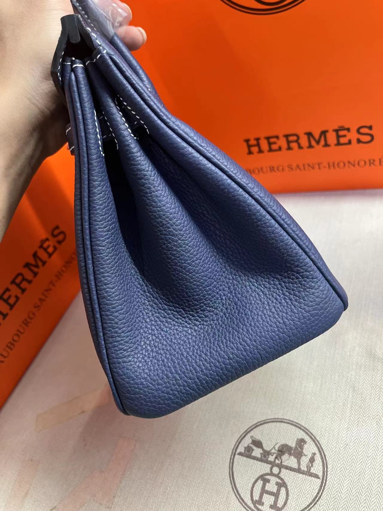 HM Birkin 25 cm Azul Marino Togo Cuero Herrajes Plateados