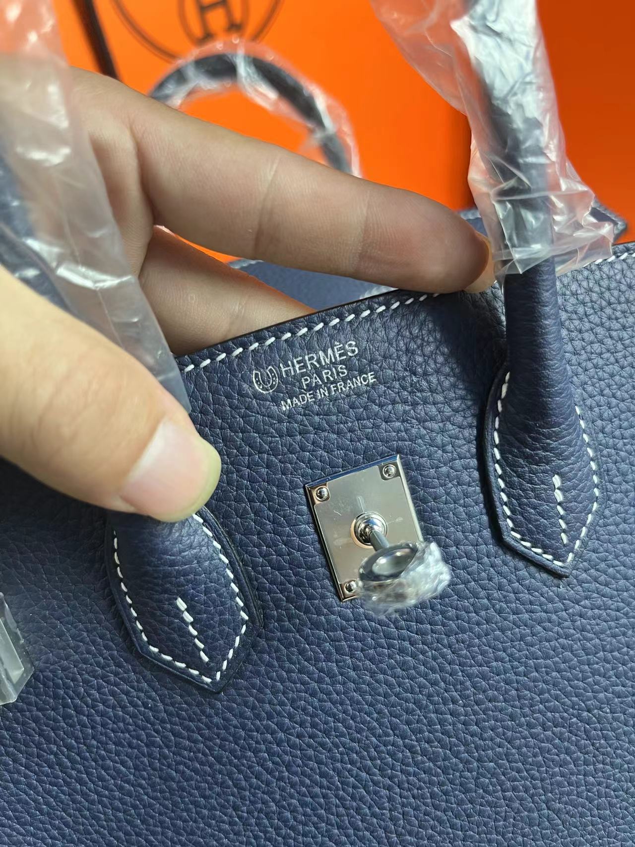 HM Birkin 25 cm Azul Marino Togo Cuero Herrajes Plateados