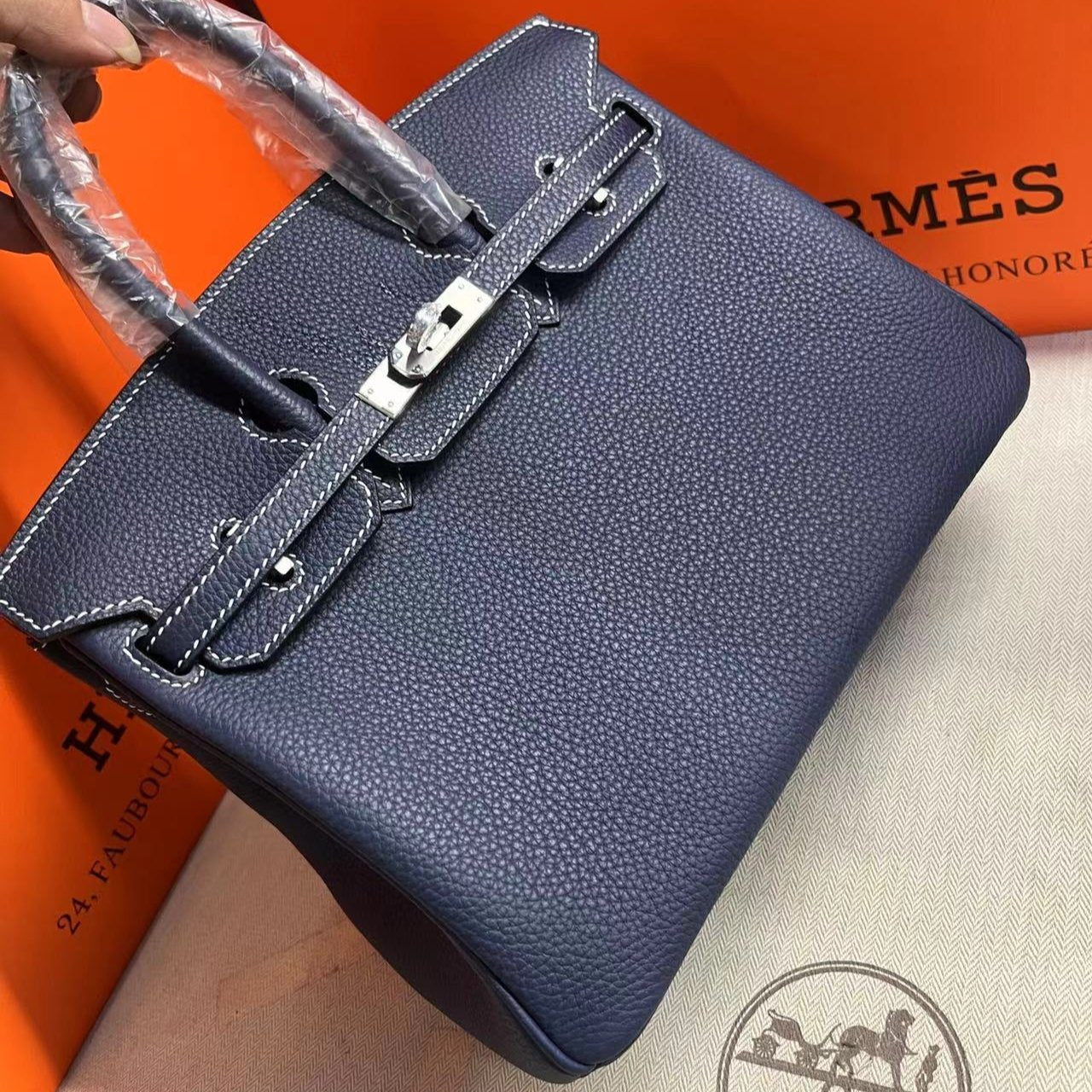 HM Birkin 25 cm Azul Marino Togo Cuero Herrajes Plateados