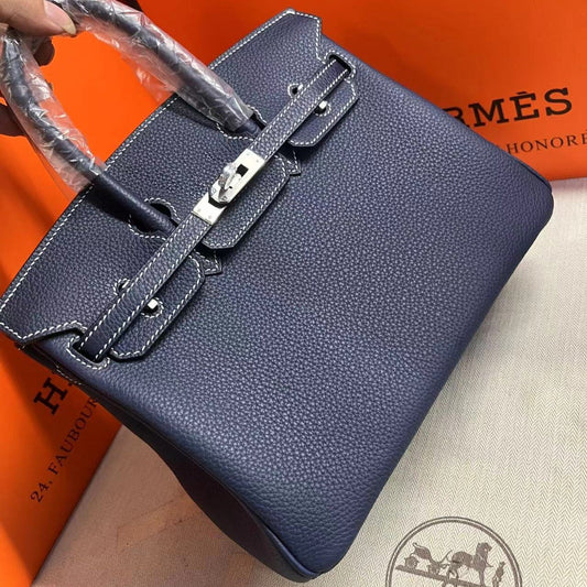 HM Birkin 25 cm Azul Marino Togo Cuero Herrajes Plateados