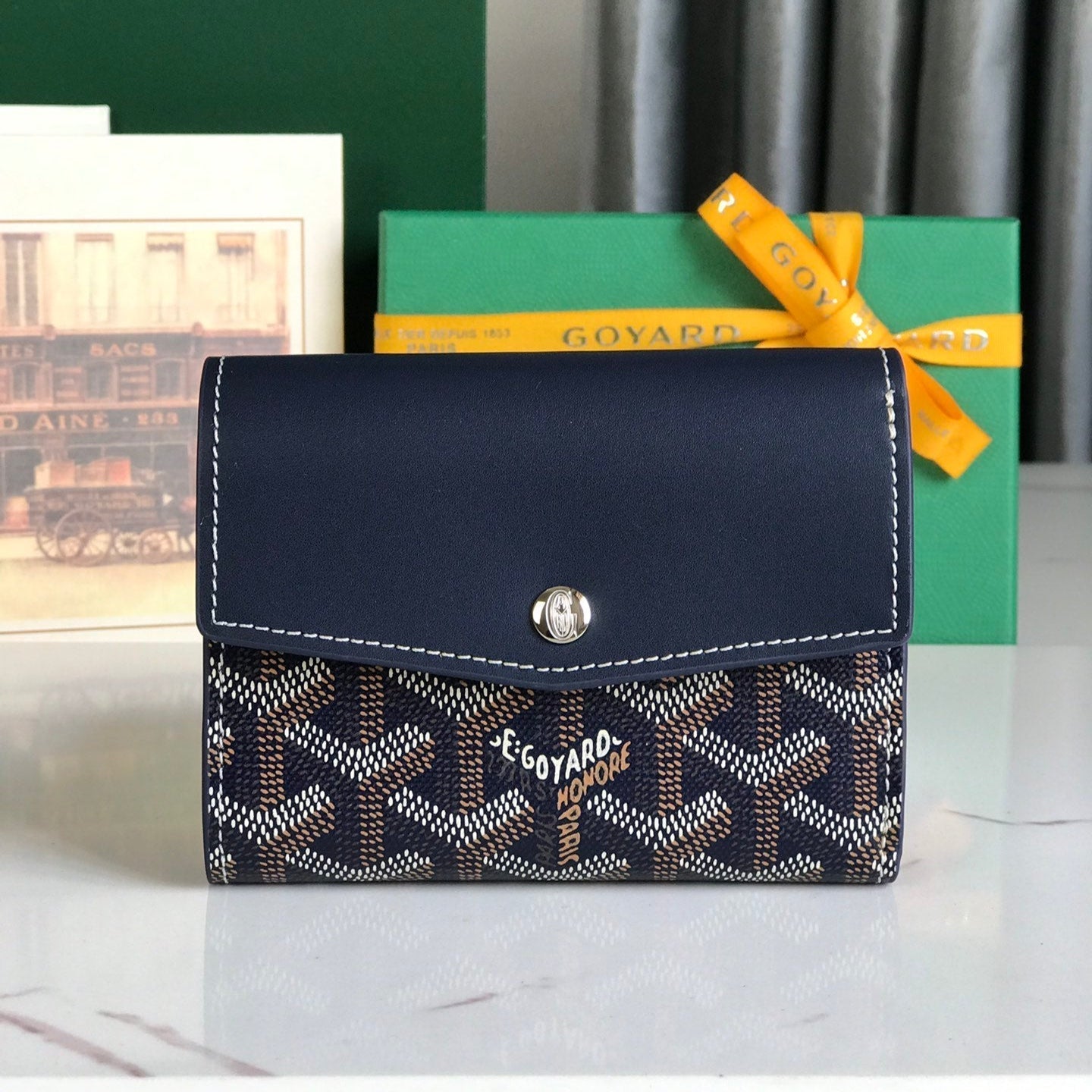 CARTERA SAINT-GABRIEL 12 EN PIEL DE BECERRO AZUL MARINO Y LONA GOYARDINE