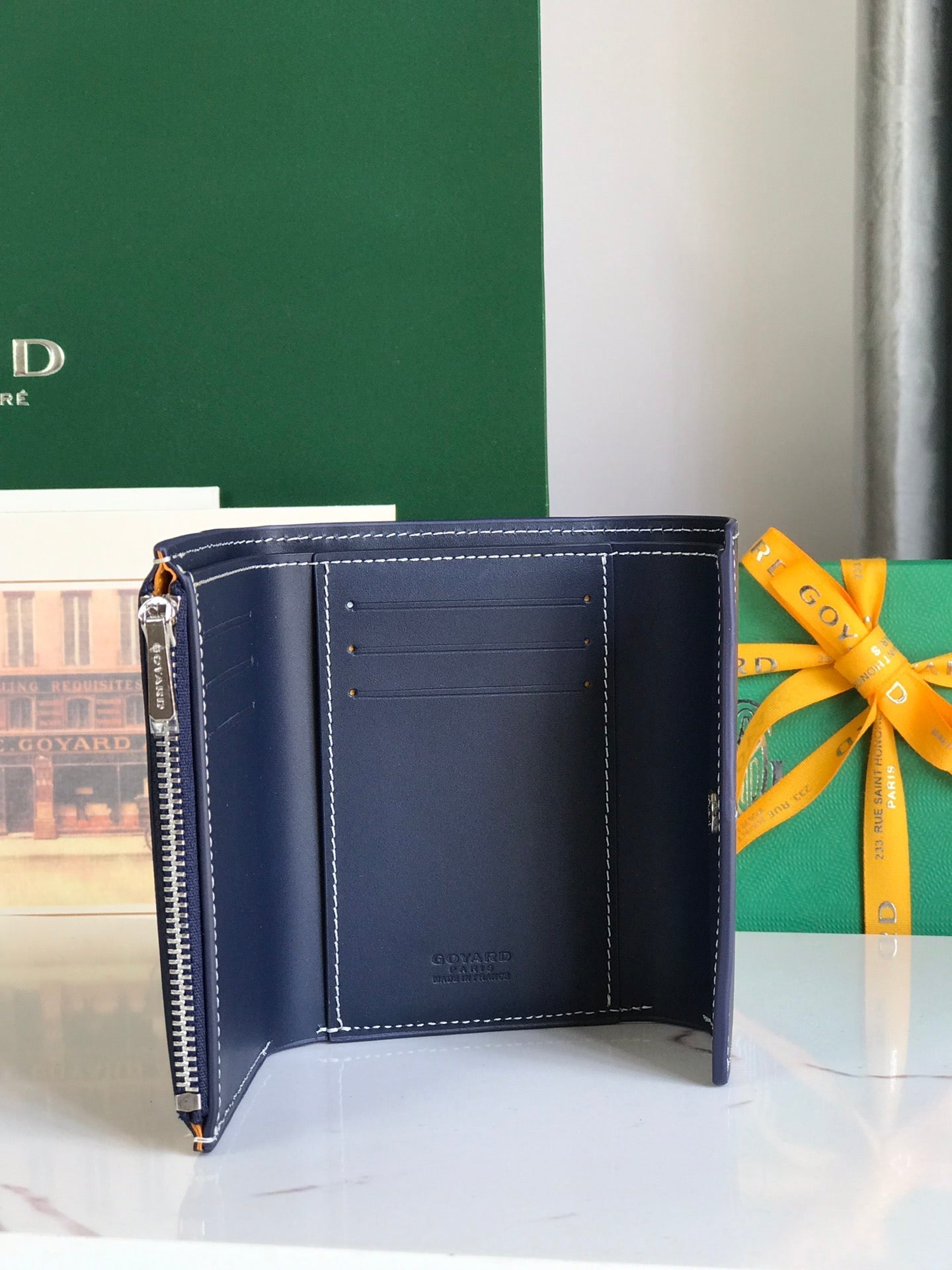 CARTERA SAINT-GABRIEL 12 EN PIEL DE BECERRO AZUL MARINO Y LONA GOYARDINE