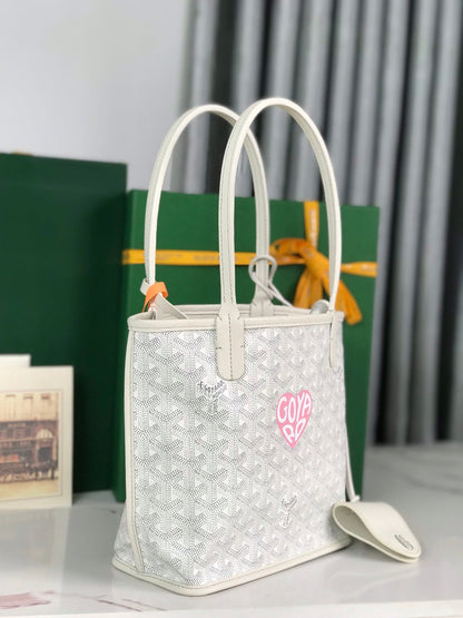 BOLSO ANJOU MINI 20 EN PIEL DE BECERRO BLANCA Y LONA GOYARDINE